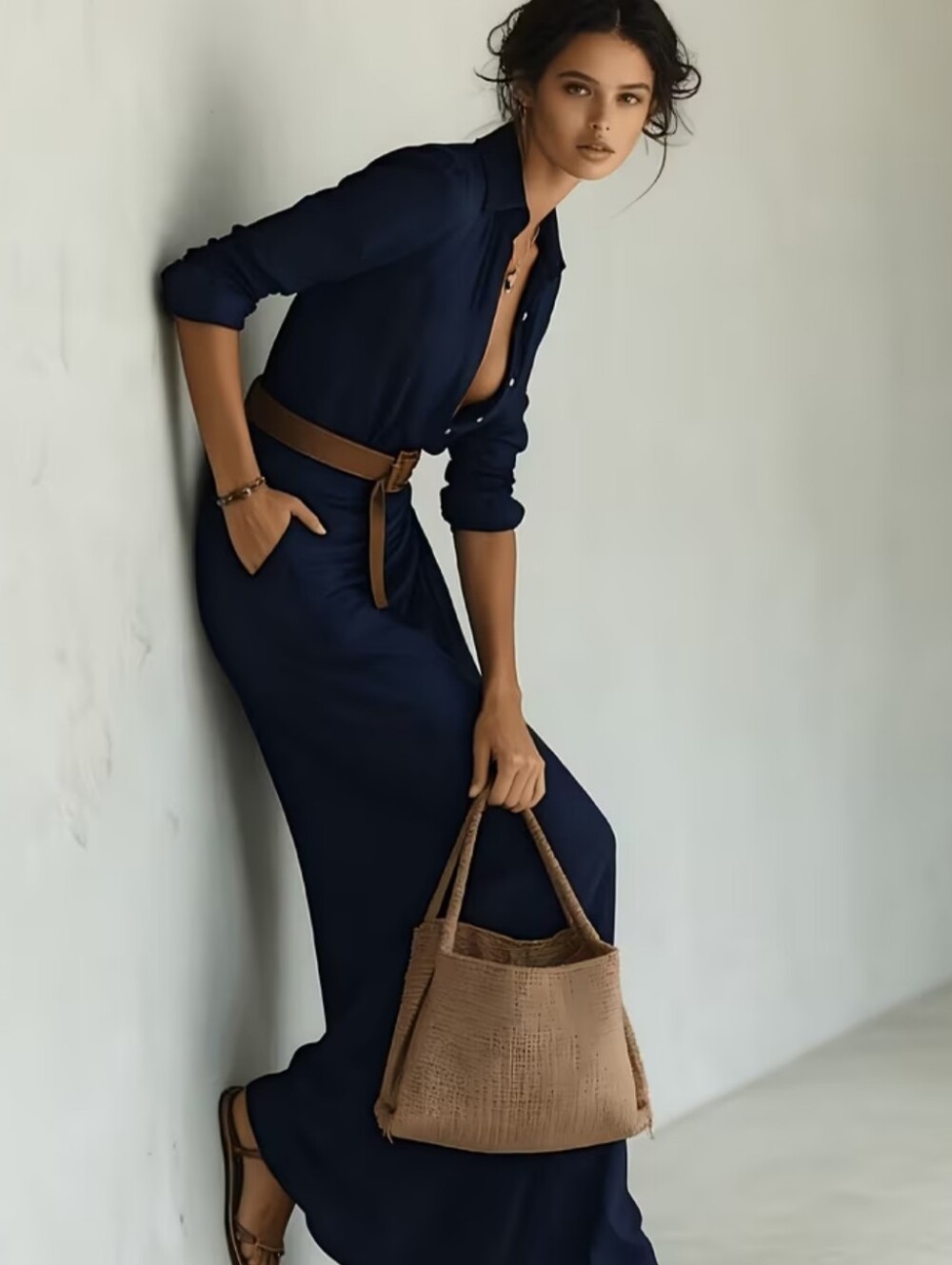 Navy Long Shirt Dress with Brown Belt